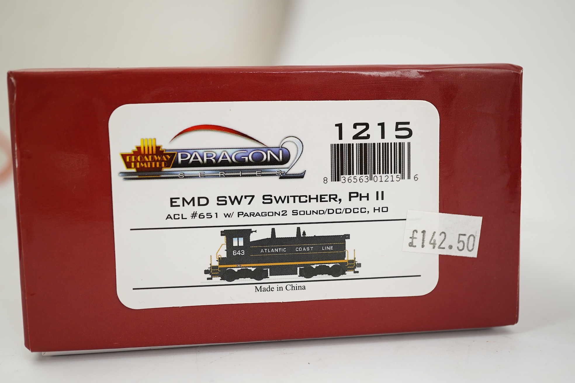 A boxed HO gauge Broadway Limited Paragon 2 Series (1215) model of Atlantic Coast Line, EMD SW7 Switcher PHII, 651, Bo-Bo diesel locomotive, powered for two rail operation.